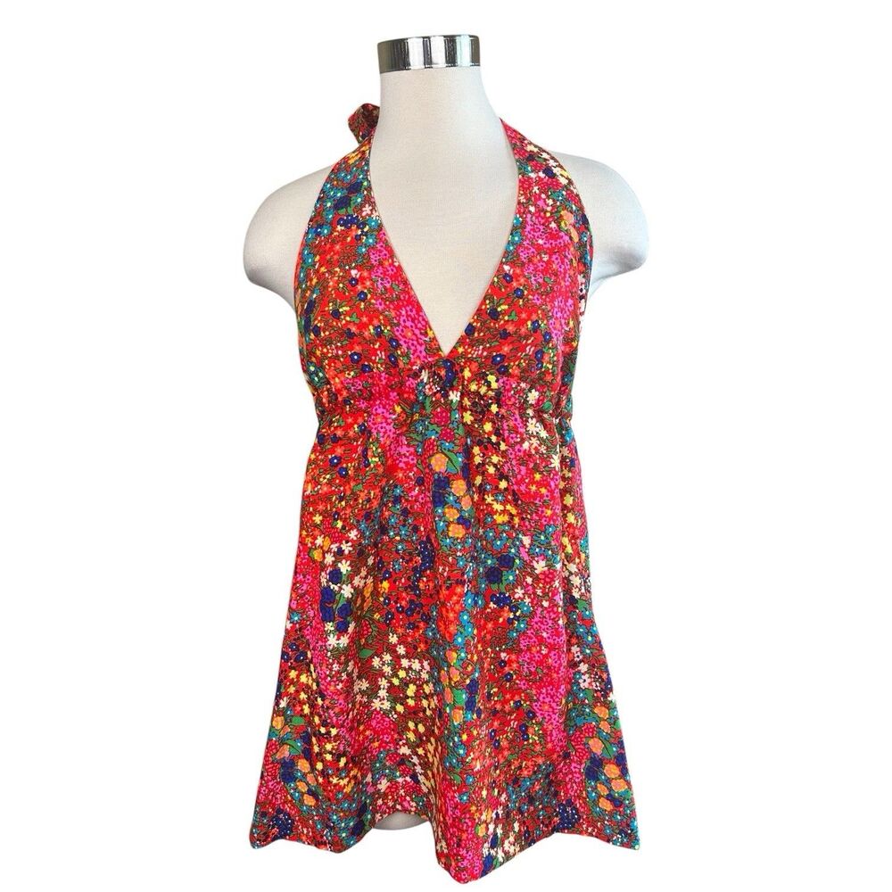 Two Potato Laguna Beach Mod Neon Psychedelic Floral Halter Dress Sz S Barkcloth
